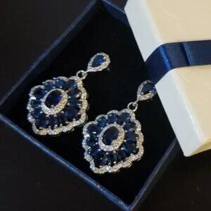 Swarovski Blue Crystal Floral Chandelier Elegant Women's Earrings